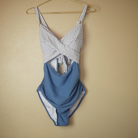 Eomenie Tummy Control Blue Striped Womens Large One Piece Sexy Cutout Swimsuit - Picture 7 of 12